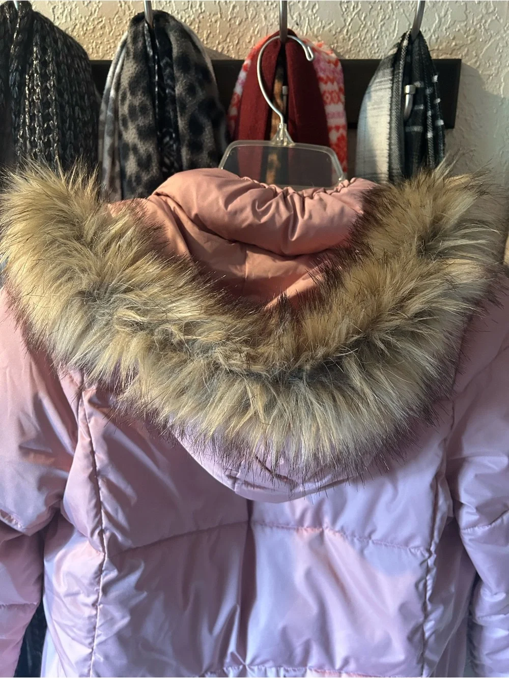 GAP Kids Dusty Pink Long Puffer Coat with Faux Fur Trim